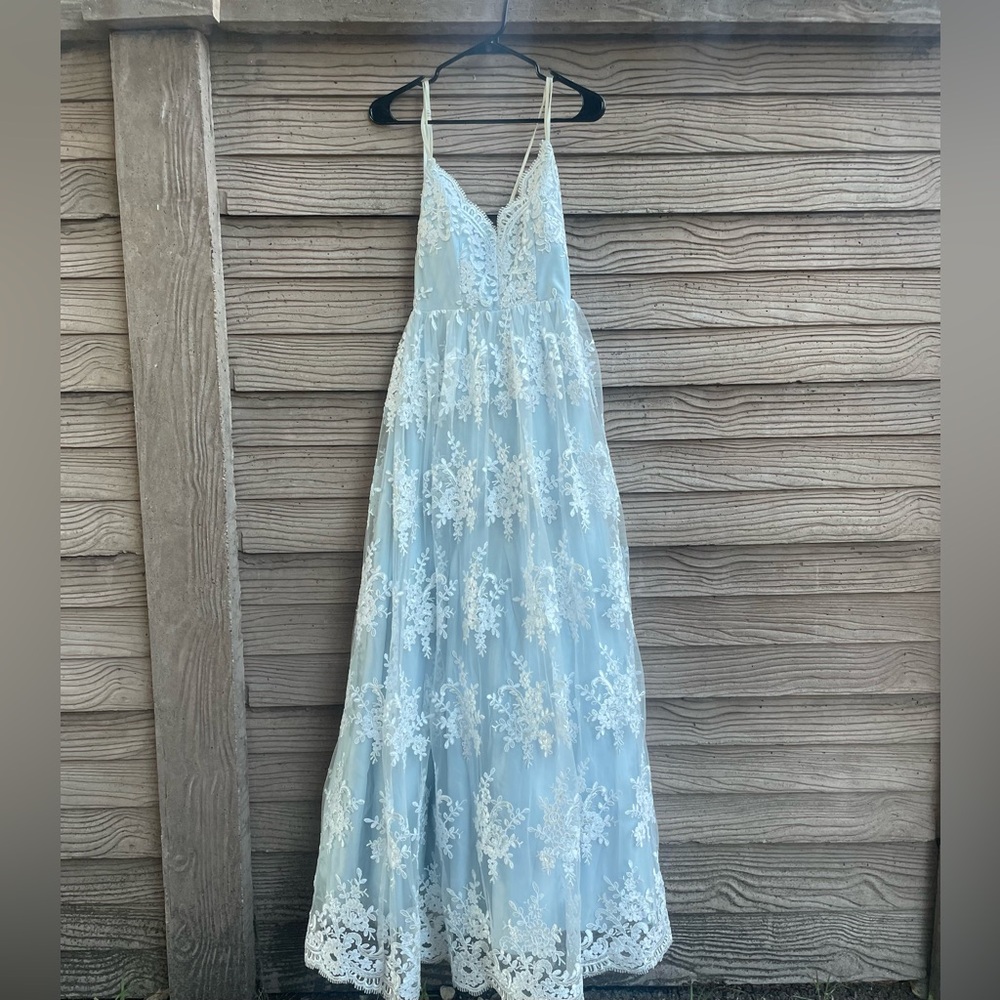 Light blue and white lace prom dress